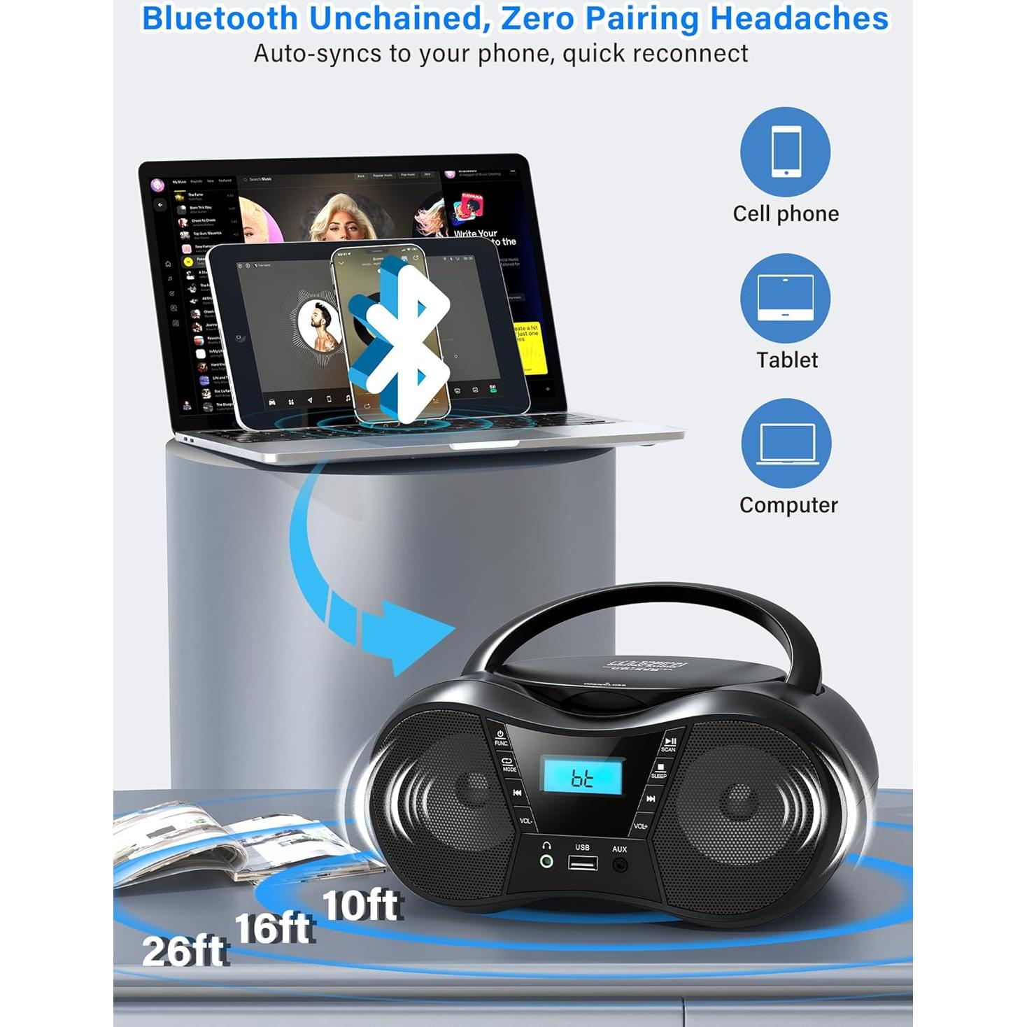 Greadio Boombox CD Portátil Bluetooth con Radio FM - Negro