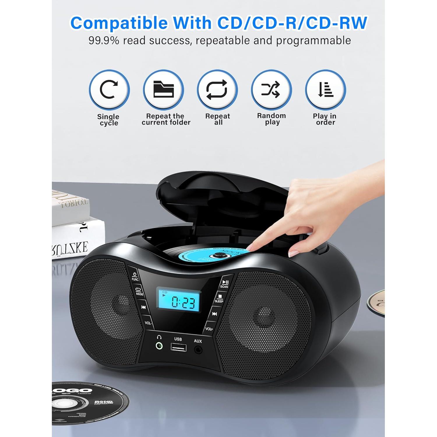 Greadio Boombox CD Portátil Bluetooth con Radio FM - Negro