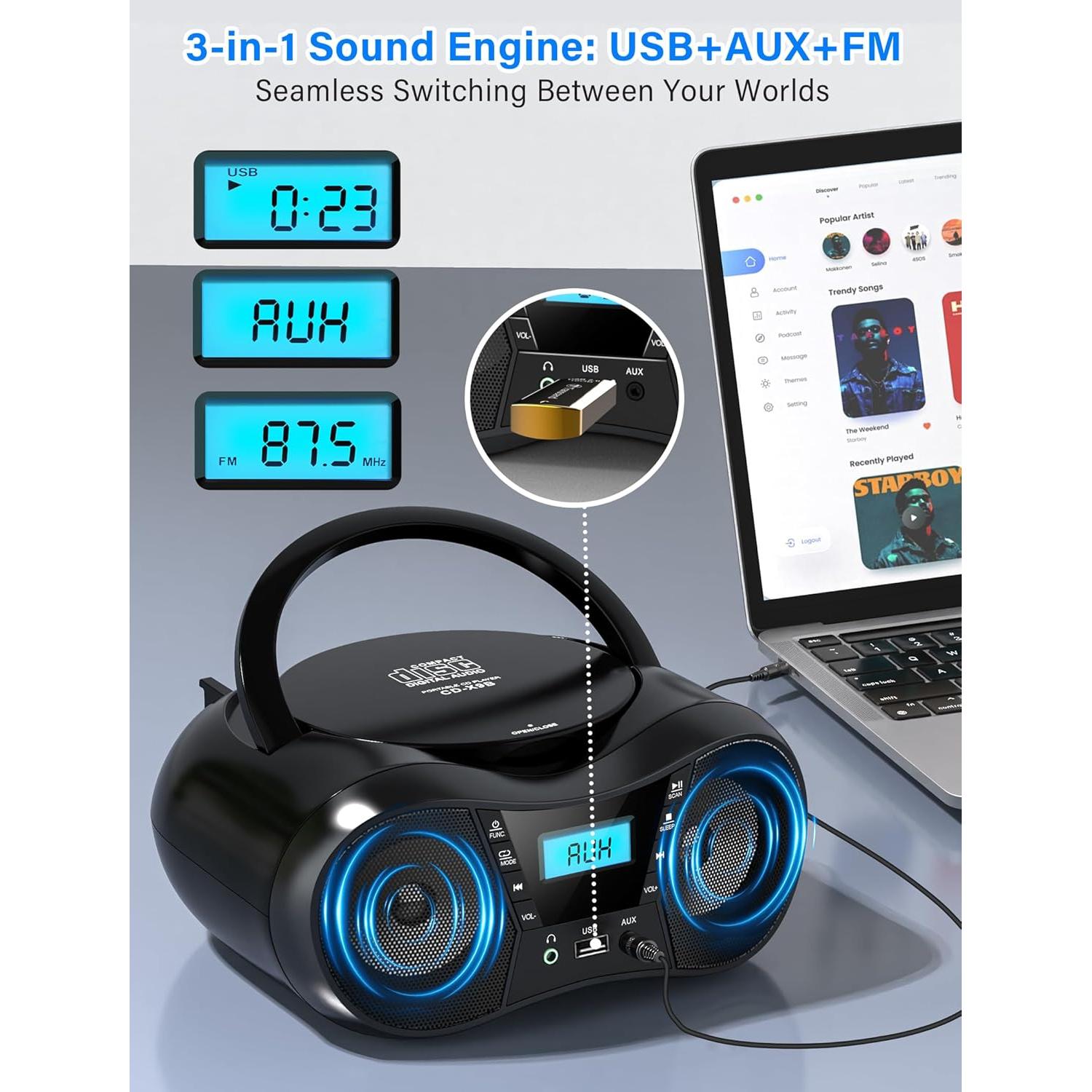 Greadio Boombox CD Portátil Bluetooth con Radio FM - Negro