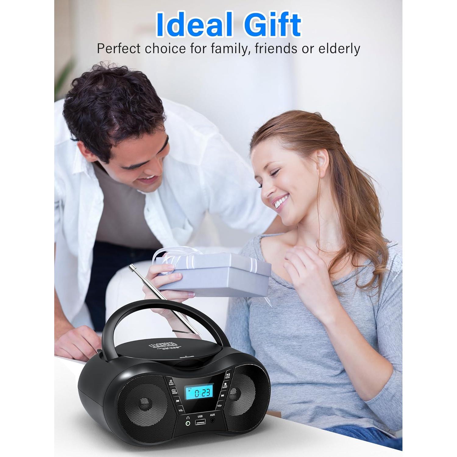 Greadio Boombox CD Portátil Bluetooth con Radio FM - Negro