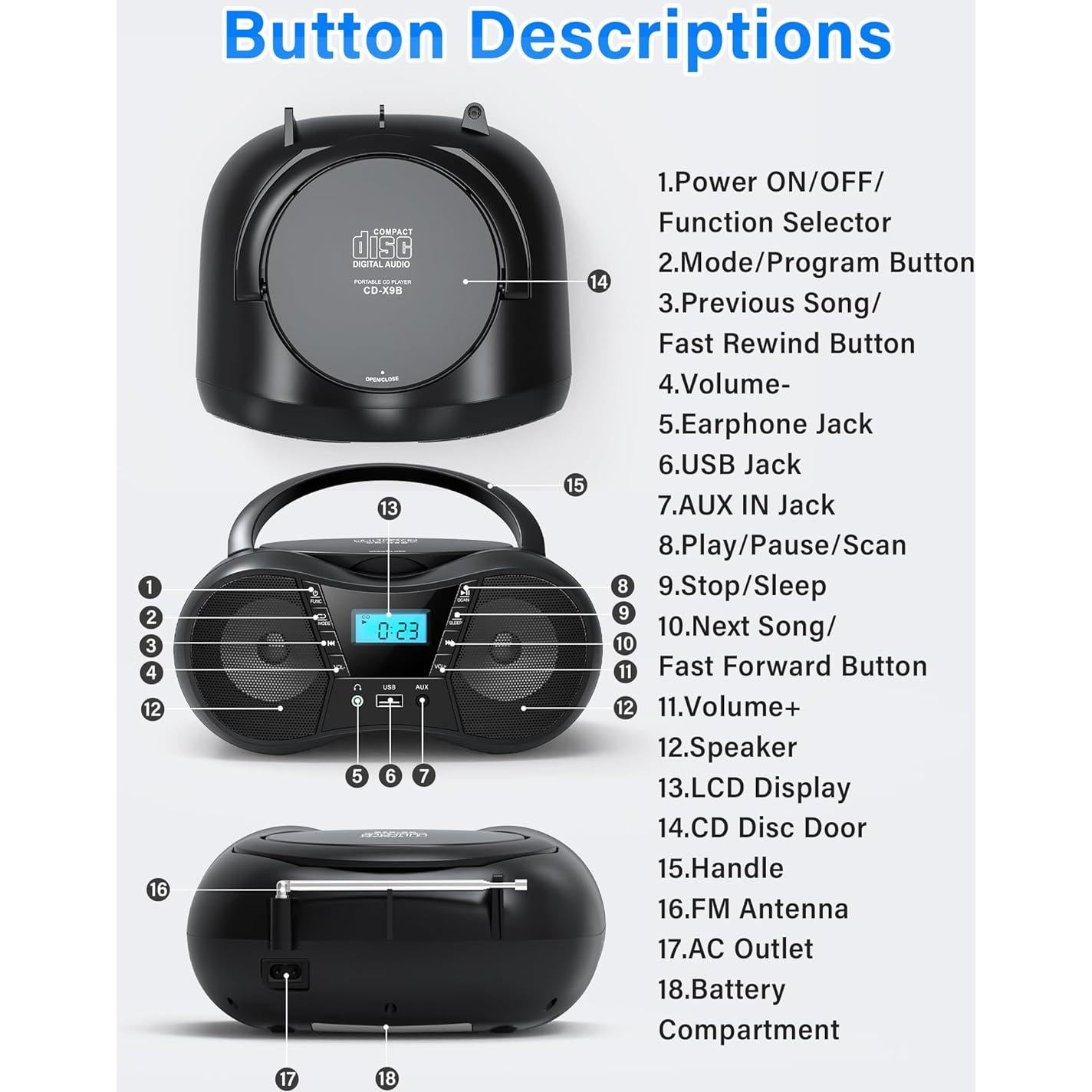 Greadio Boombox CD Portátil Bluetooth con Radio FM - Negro