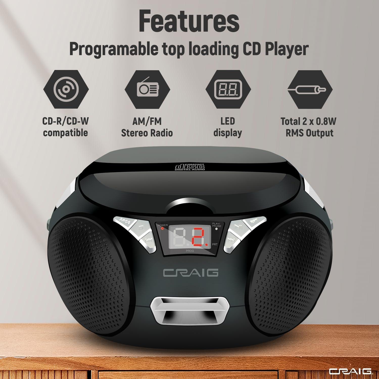 Reproductor de CD Portátil Craig CD6925 con Bluetooth y Radio AM/FM