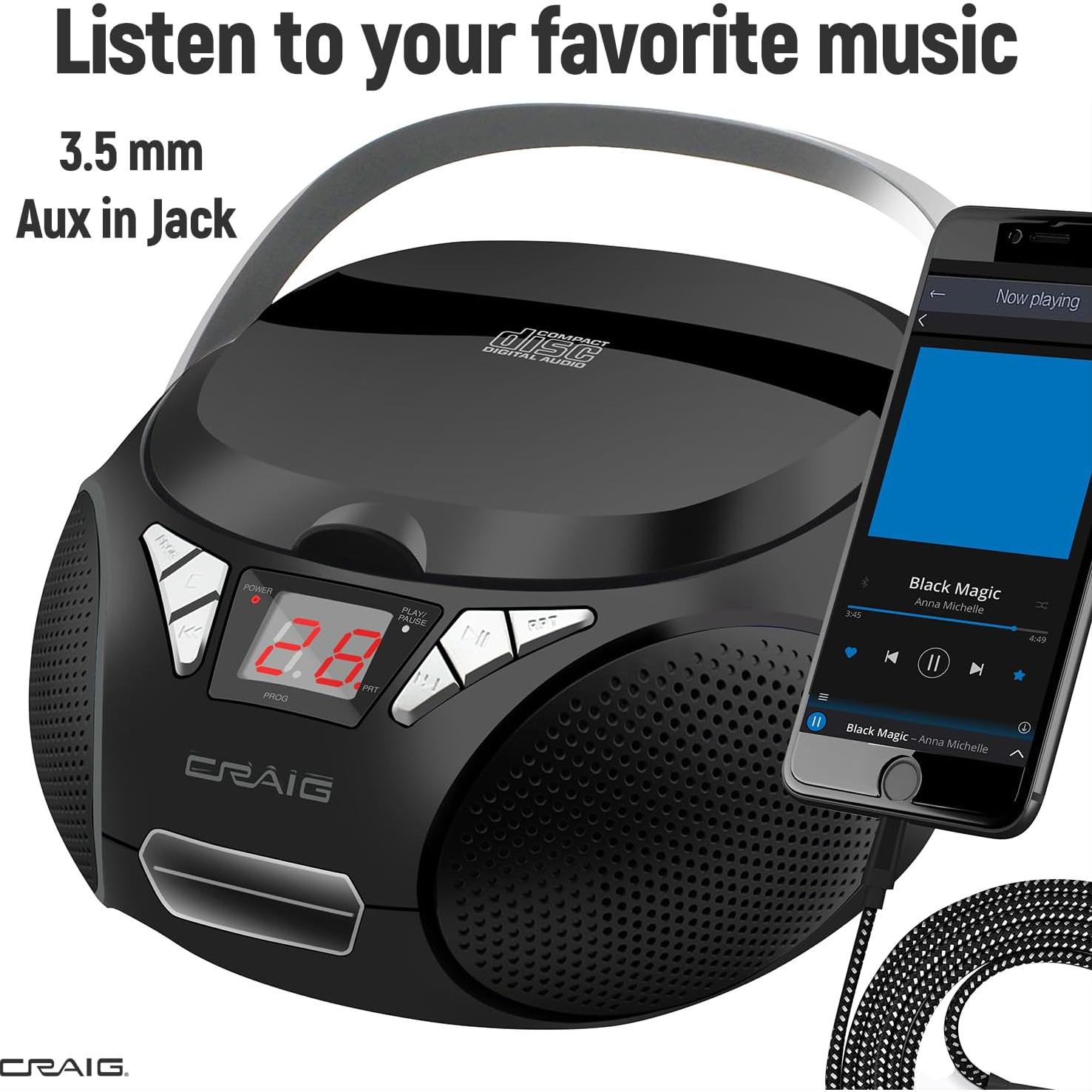 Reproductor de CD Portátil Craig CD6925 con Bluetooth y Radio AM/FM