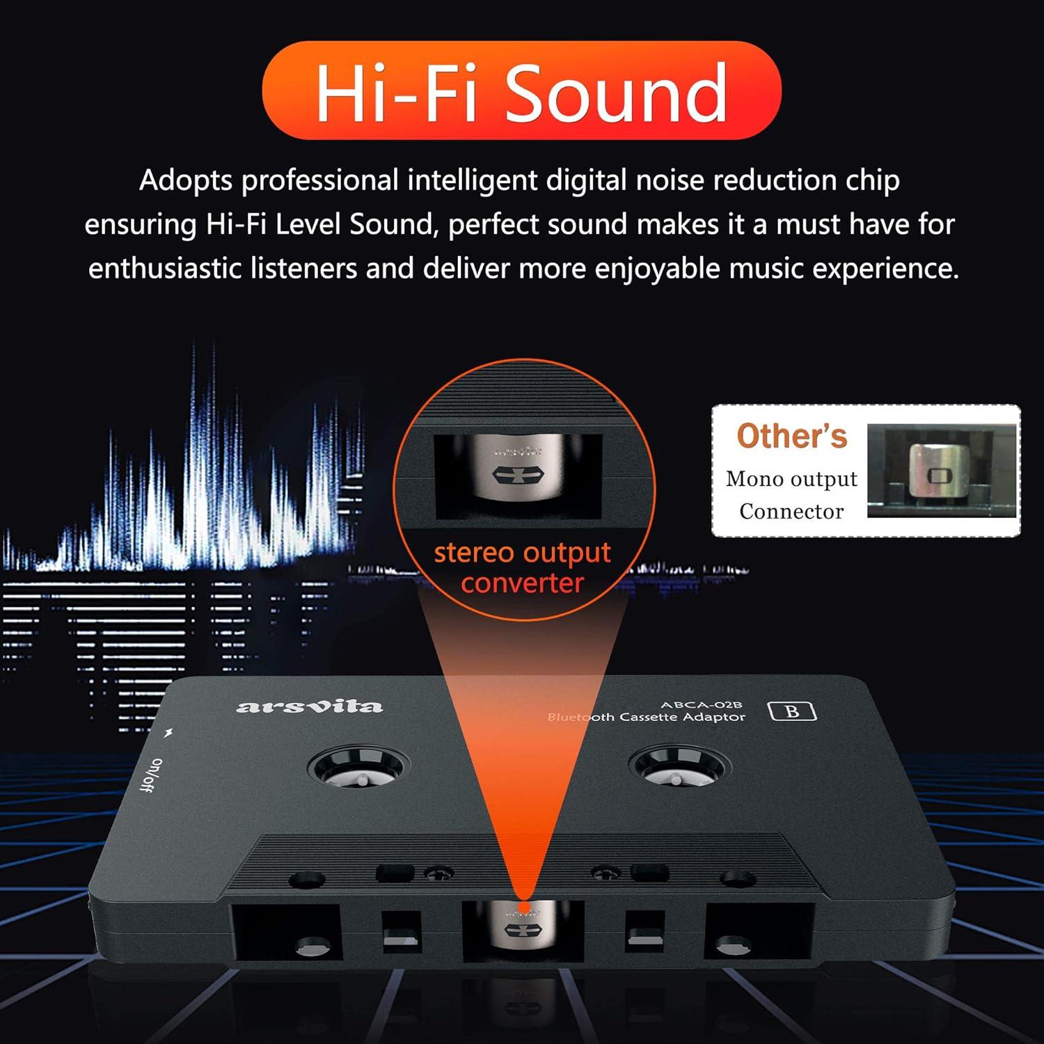 Receptor de Cassette Bluetooth Arsvita 5.0, Negro, 12h Batería