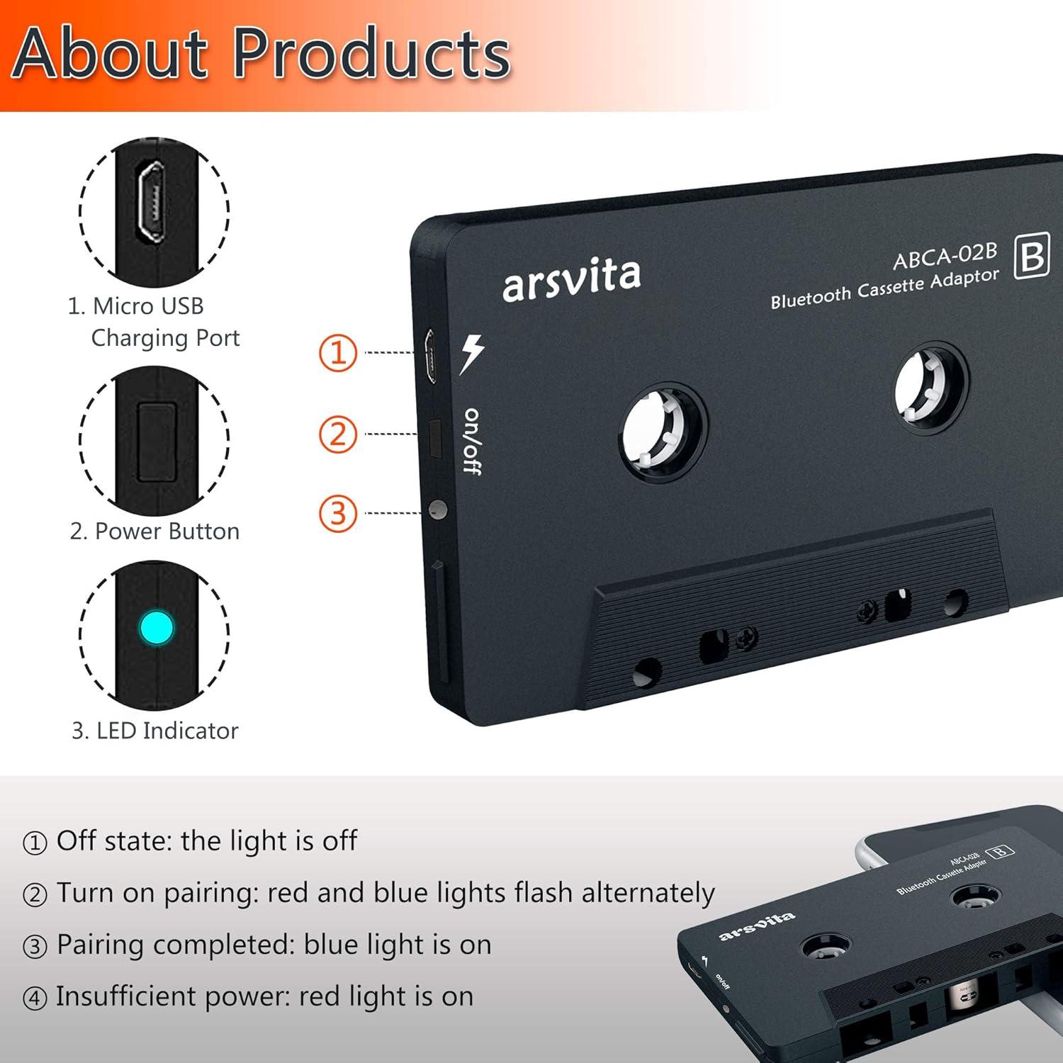 Receptor de Cassette Bluetooth Arsvita 5.0, Negro, 12h Batería