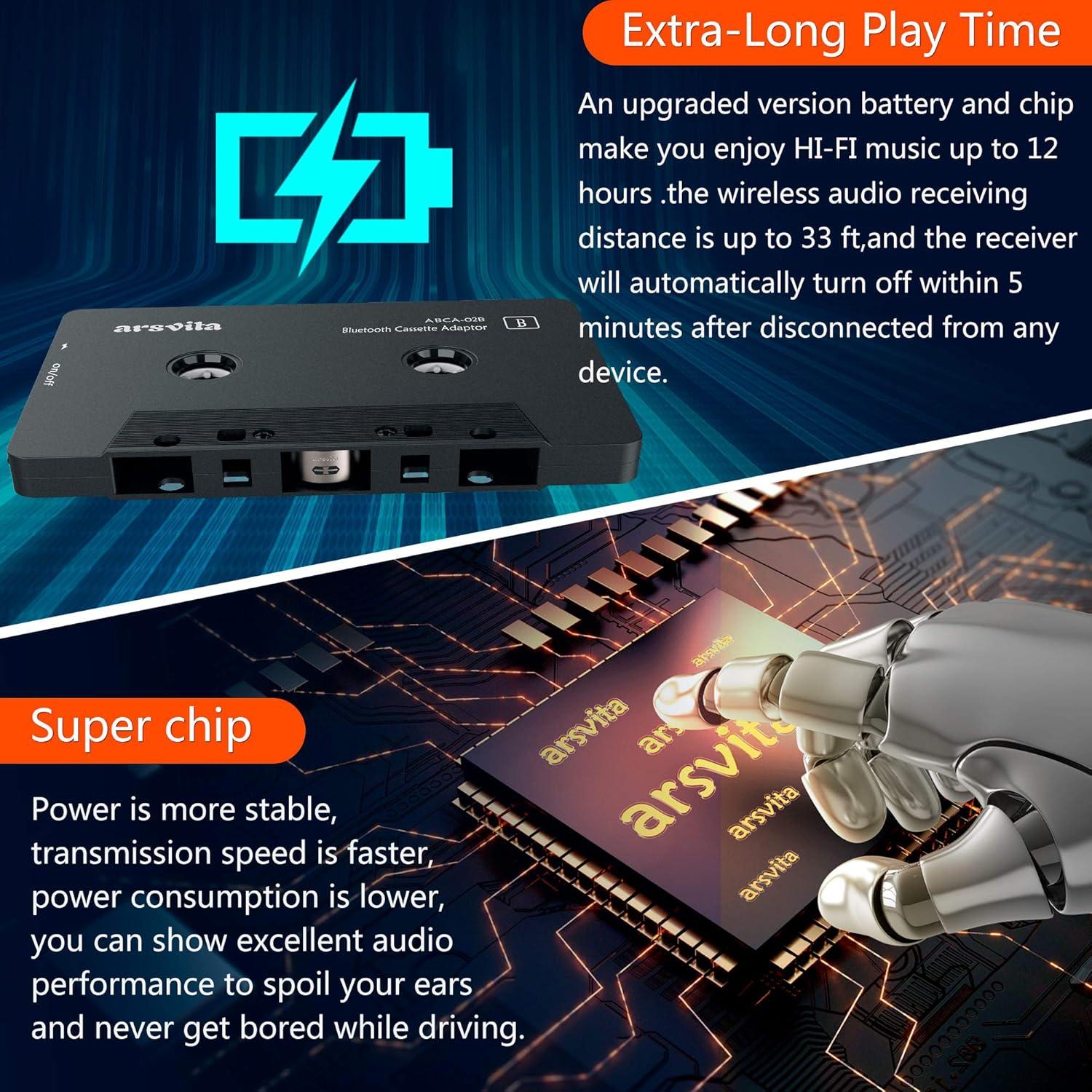 Receptor de Cassette Bluetooth Arsvita 5.0, Negro, 12h Batería