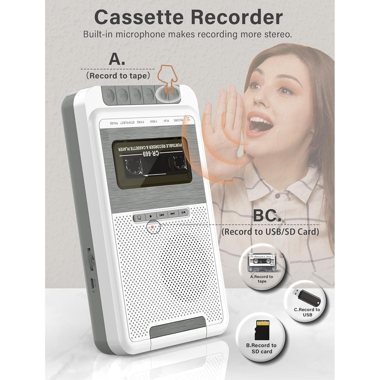 Reproductor de Cassettes Portátil Dingmi 669W Blanco - Graba en USB y TF