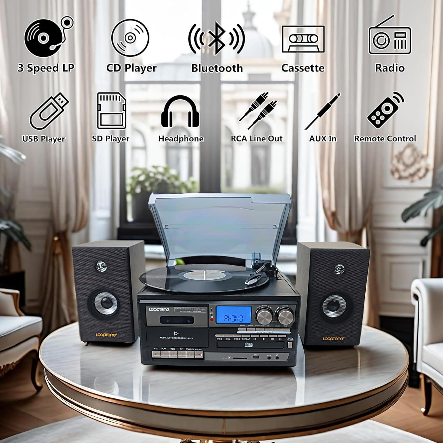 Reproductor de Vinilo LoopTone TR-18CDSP 10 en 1 Bluetooth 15W