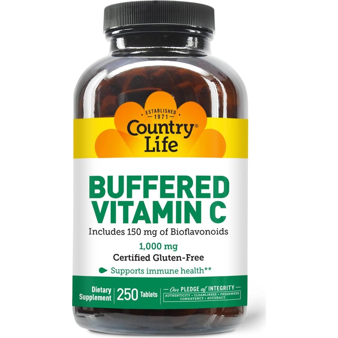 Vitamina C Buffered 1000mg Country Life - 250 Cápsulas Veganas