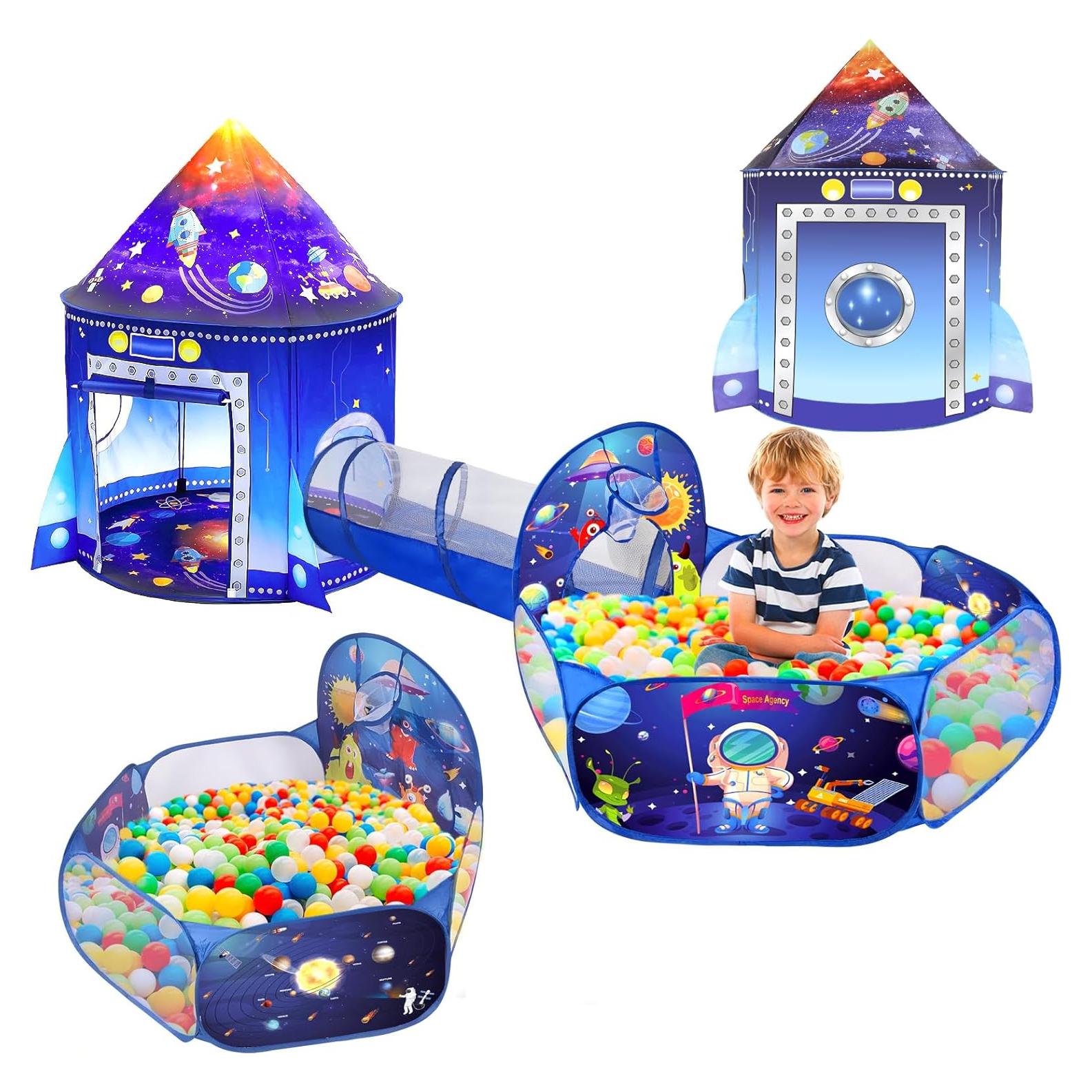 Carpa de Cohete 3 en 1 con Túnel y Piscina de Pelotas