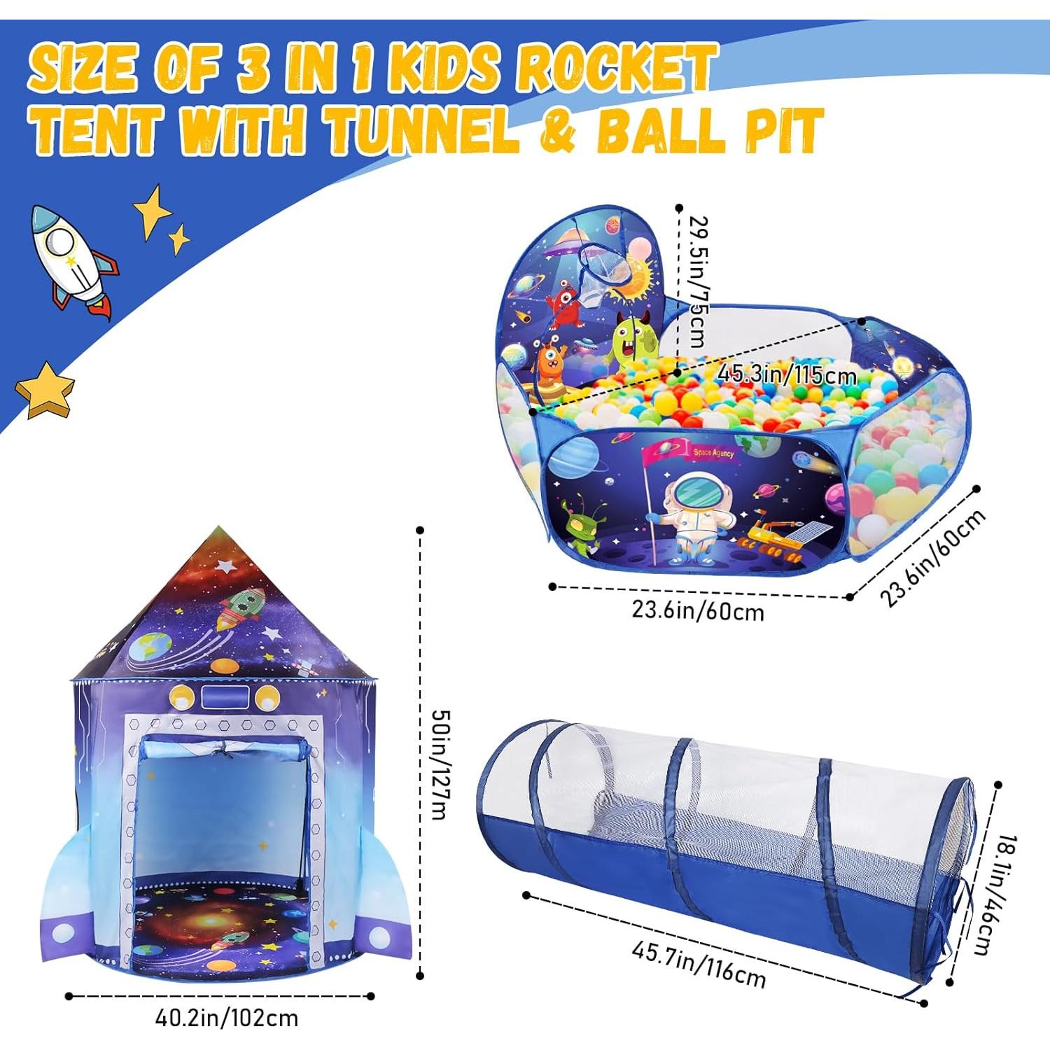 Carpa de Cohete 3 en 1 con Túnel y Piscina de Pelotas