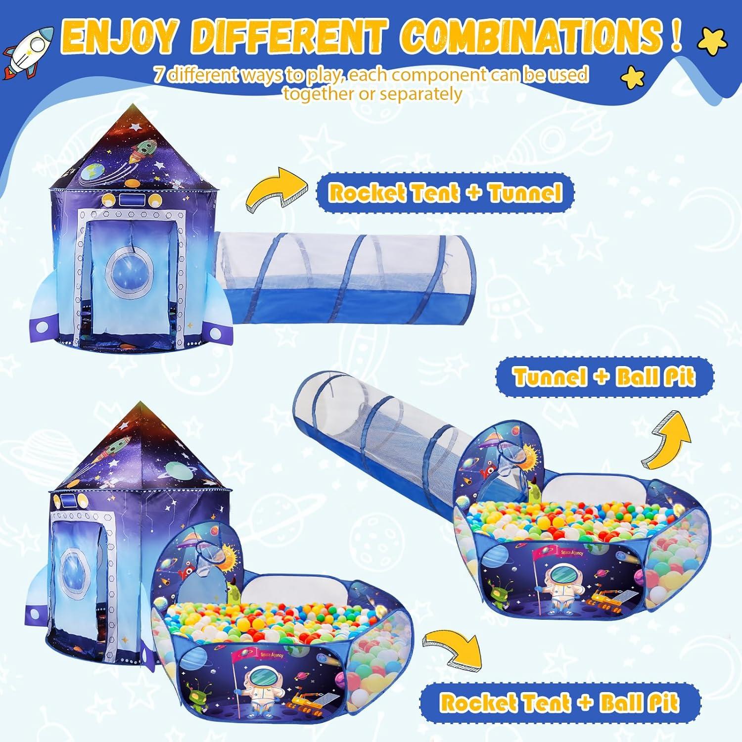 Carpa de Cohete 3 en 1 con Túnel y Piscina de Pelotas