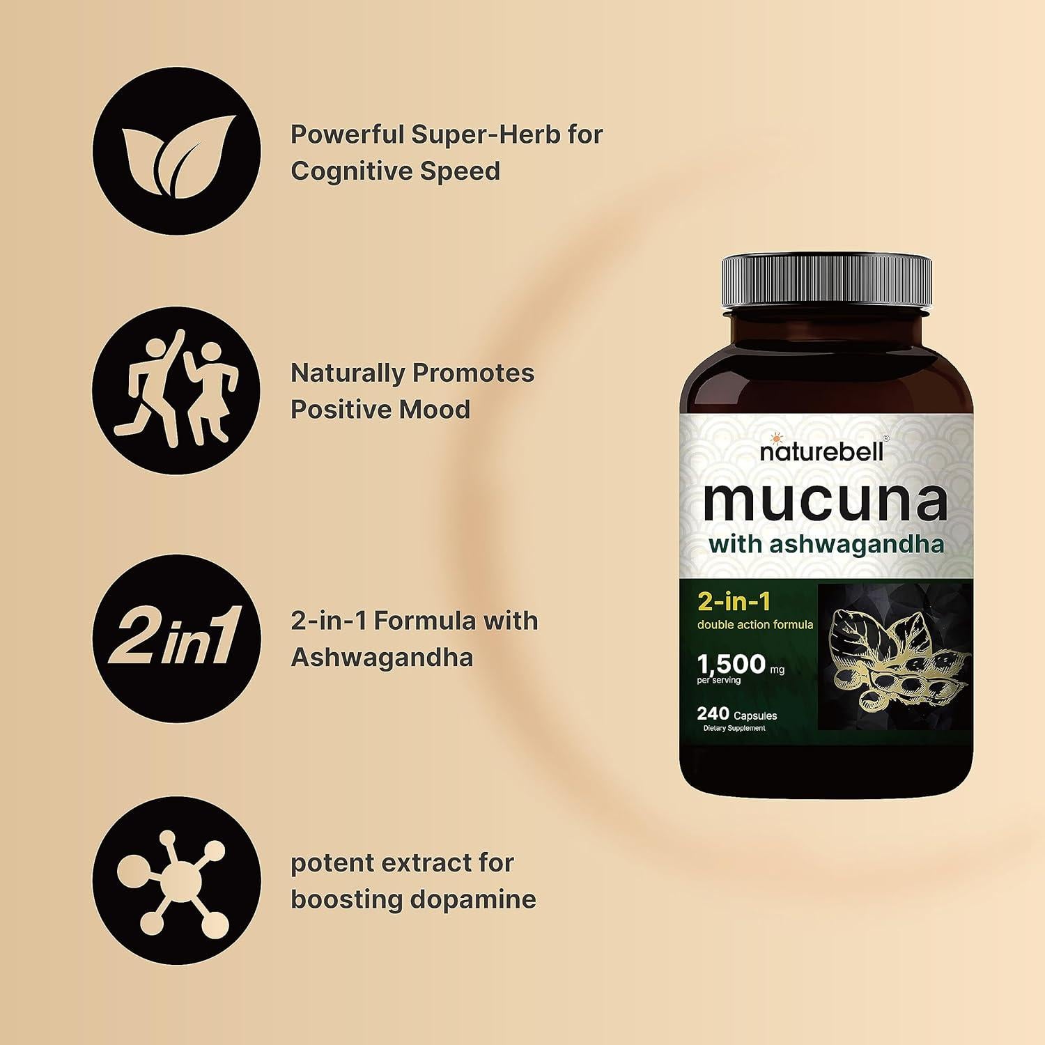 Cápsulas de Mucuna Pruriens 1500mg NatureBell 240 Unidades