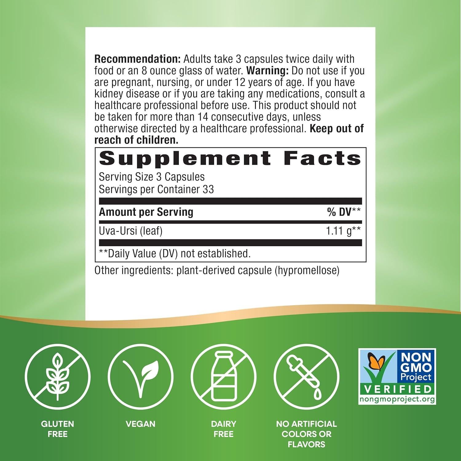 Hojas de Uva Ursi Nature's Way 100 Cápsulas Veganas 1110 mg