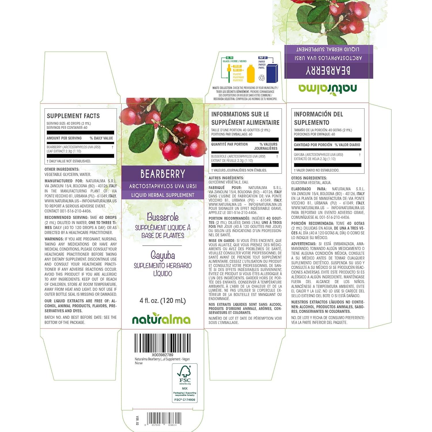 Tinte de hoja de Bearberry Naturalma 118 ml - Suplemento herbal