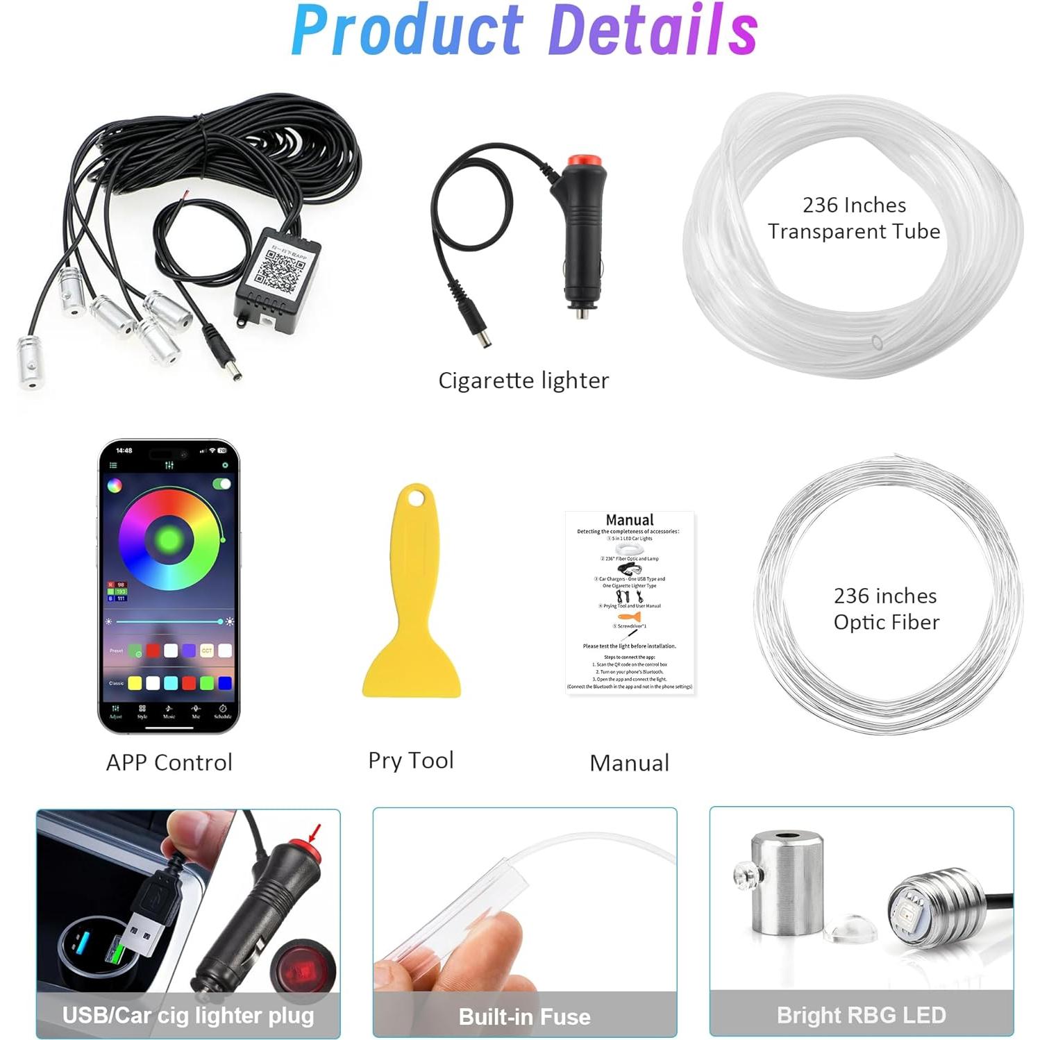 Luces LED de tira HUNGRU 5 en 1 599.64 cm RGB para coche