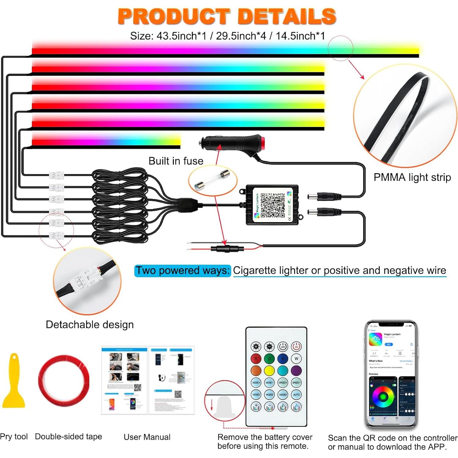 Luces LED de Tira Jushope para Coche RGB, 6 Piezas, Control APP