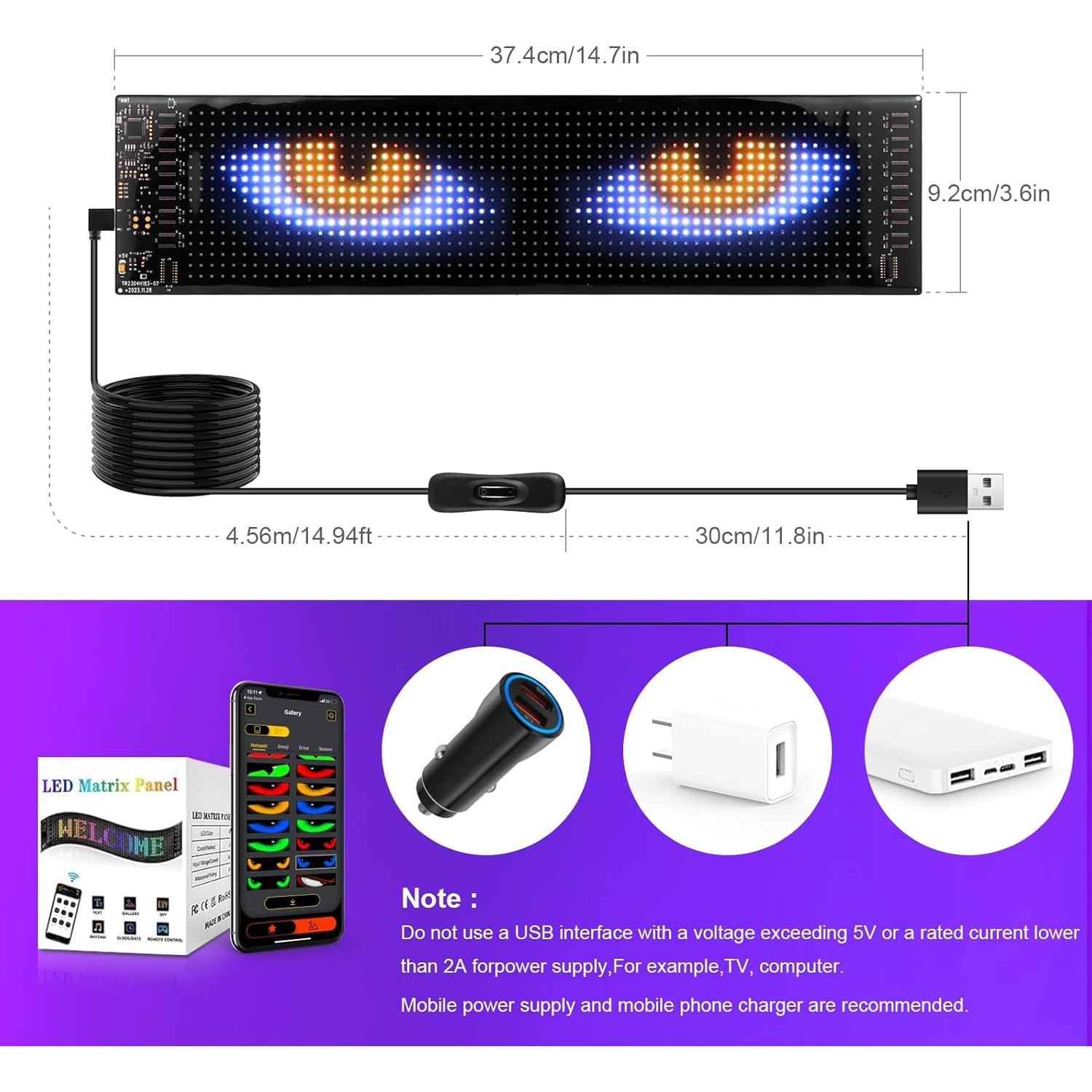 Cartel LED Programable AIMENGTE 38x10cm USB 5V para Coche