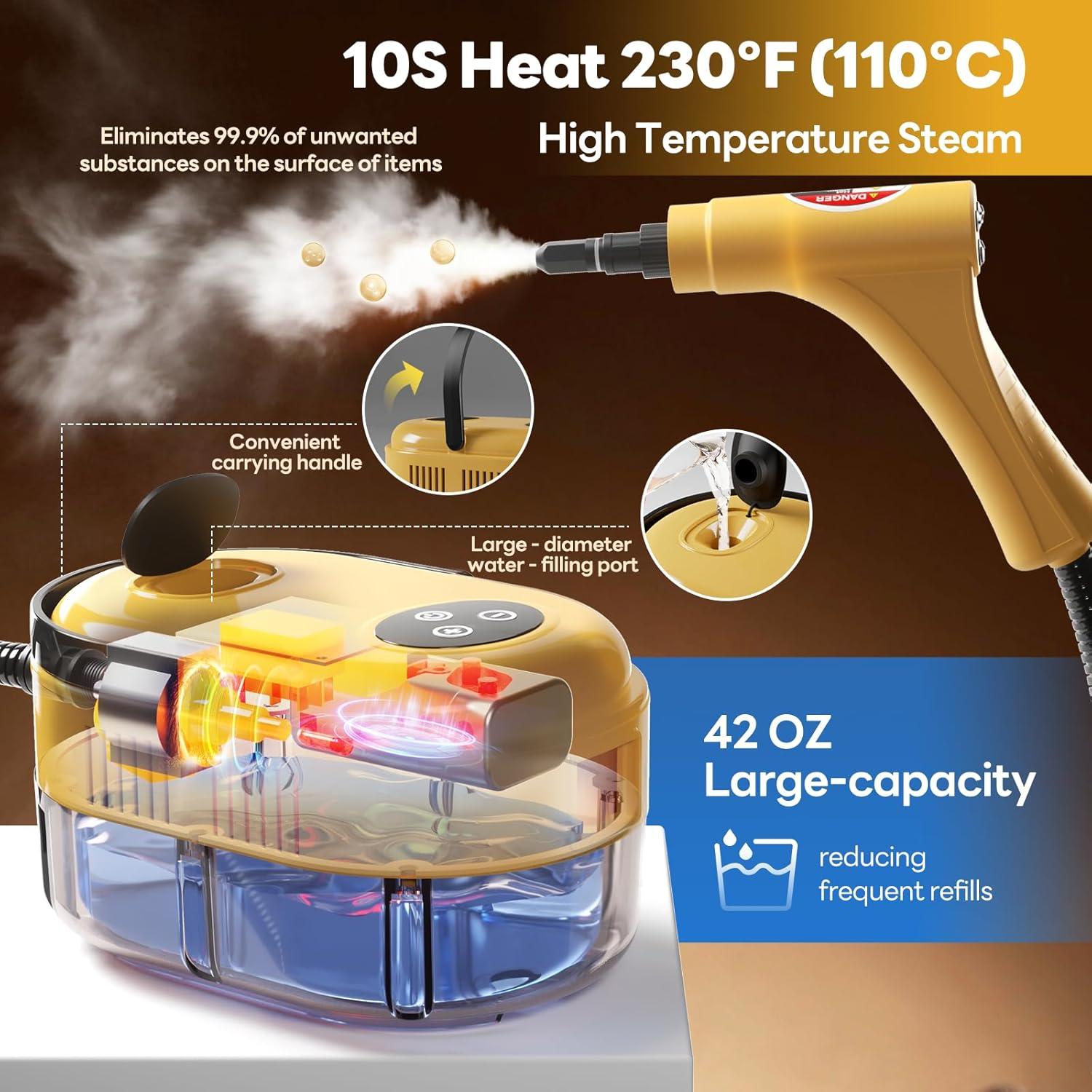 Limpiador de Vapor de Mano YIKEDA 2500W 1.2L 15-en-1 Amarillo