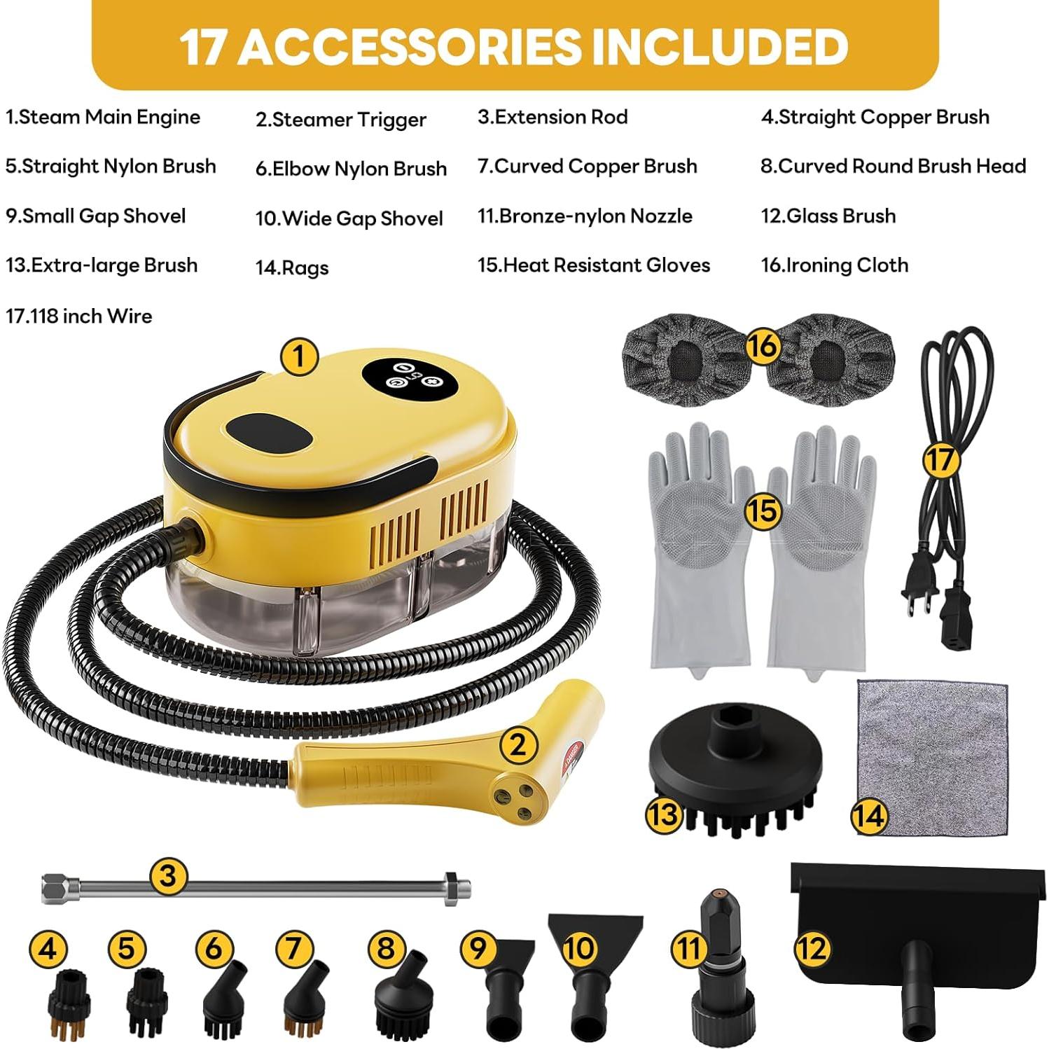 Limpiador de Vapor de Mano YIKEDA 2500W 1.2L 15-en-1 Amarillo