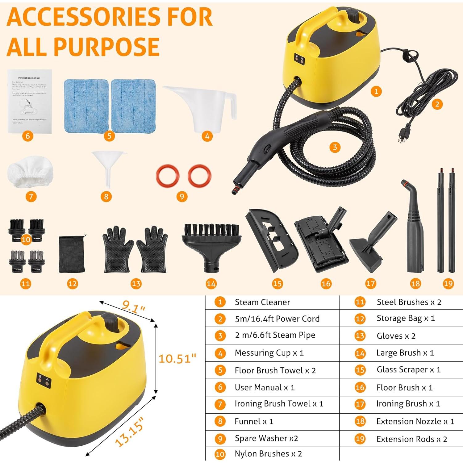 Limpiador a Vapor WICHEMI 1500W 1.5L con 26 Accesorios