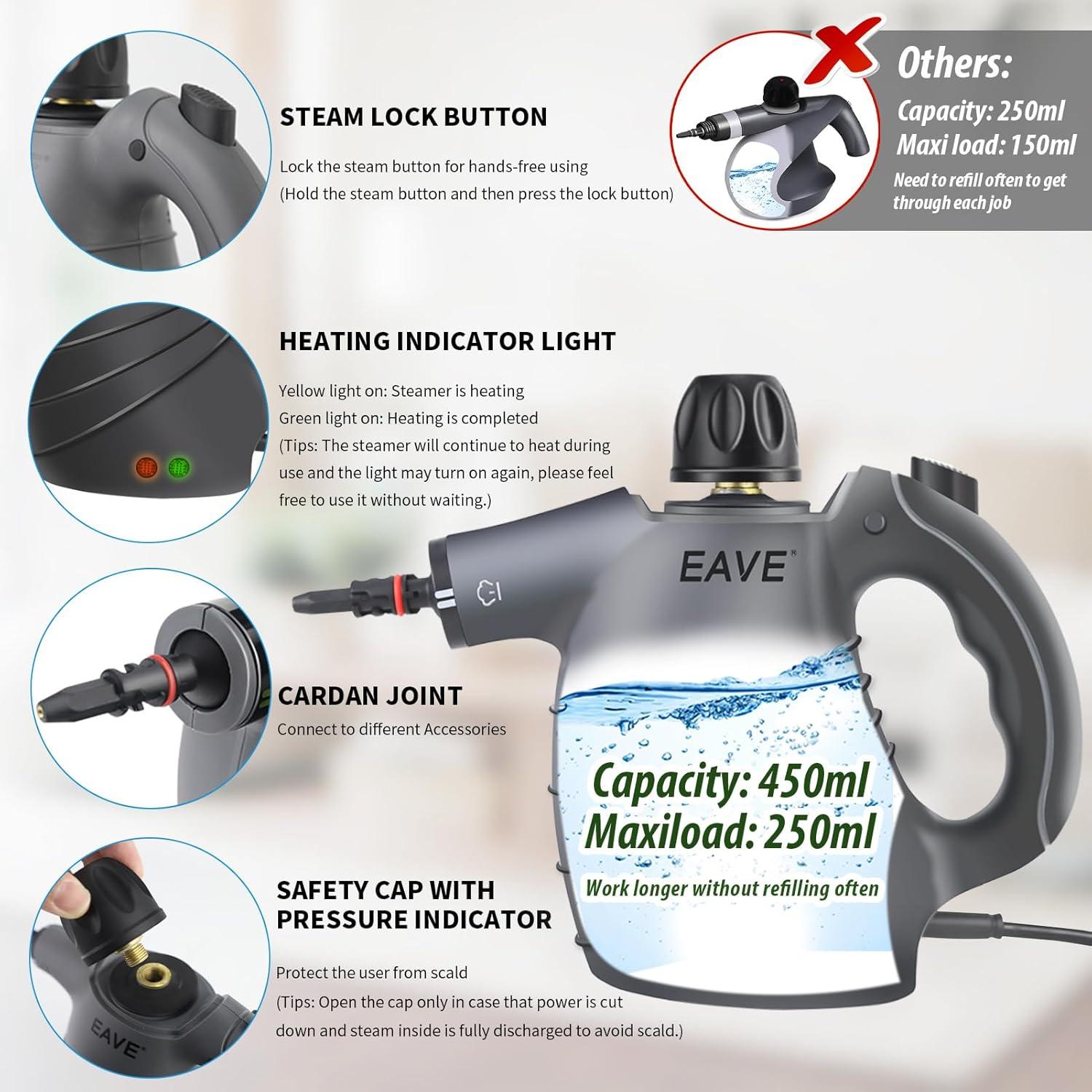 Limpiador de Vapor de Mano Eave 1050W 450ml Portátil