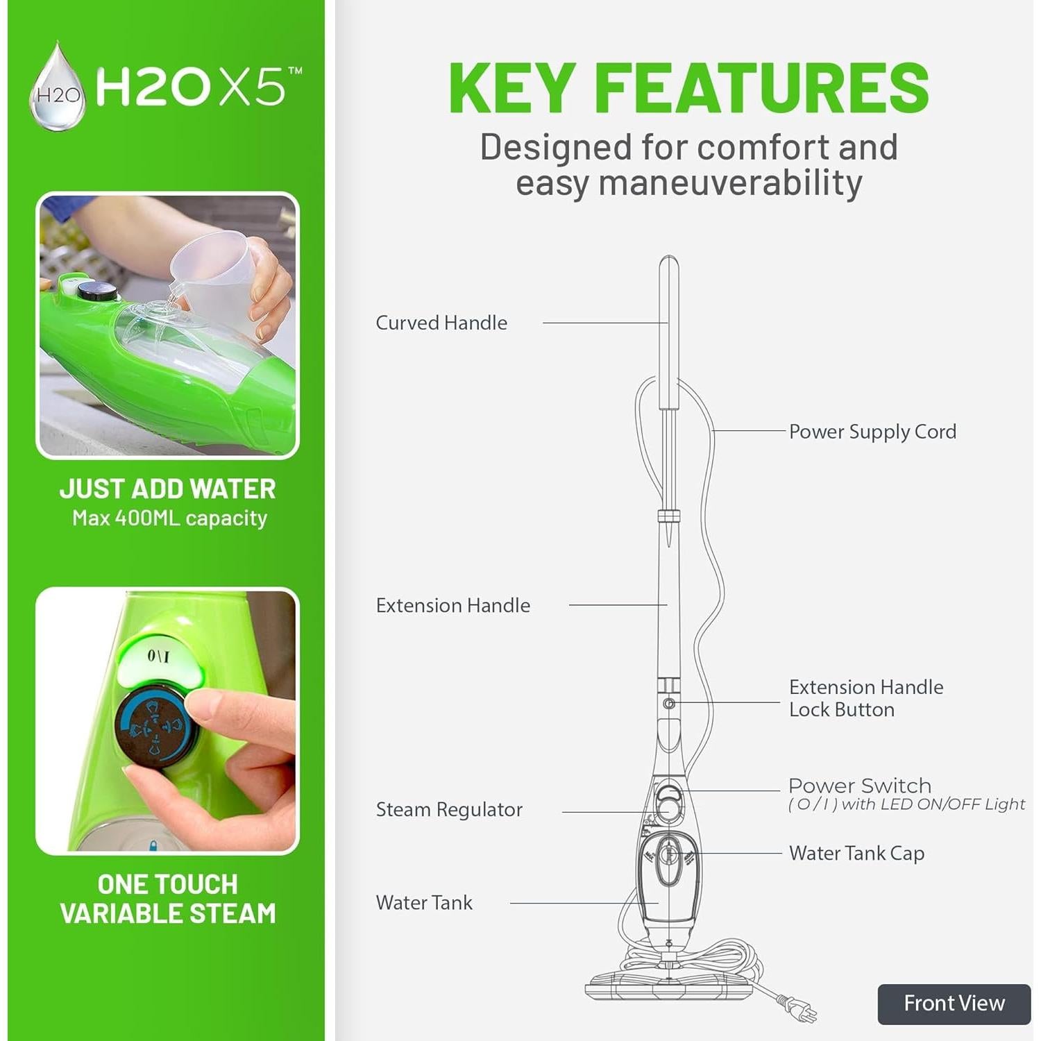 Mopa de Vapor H2O X5 5-en-1 Multiusos 1300W Altura Ajustable