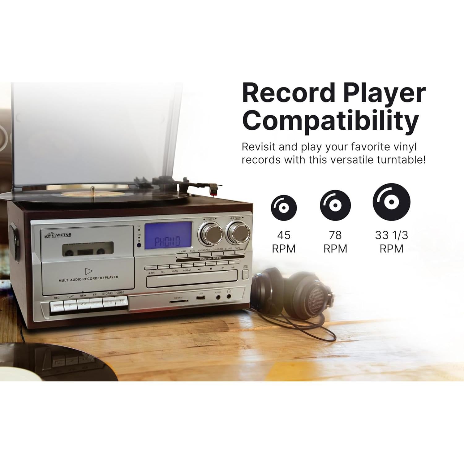 Centro Musical Victor VWRP-4200 8-en-1 con Tocadiscos y Bluetooth