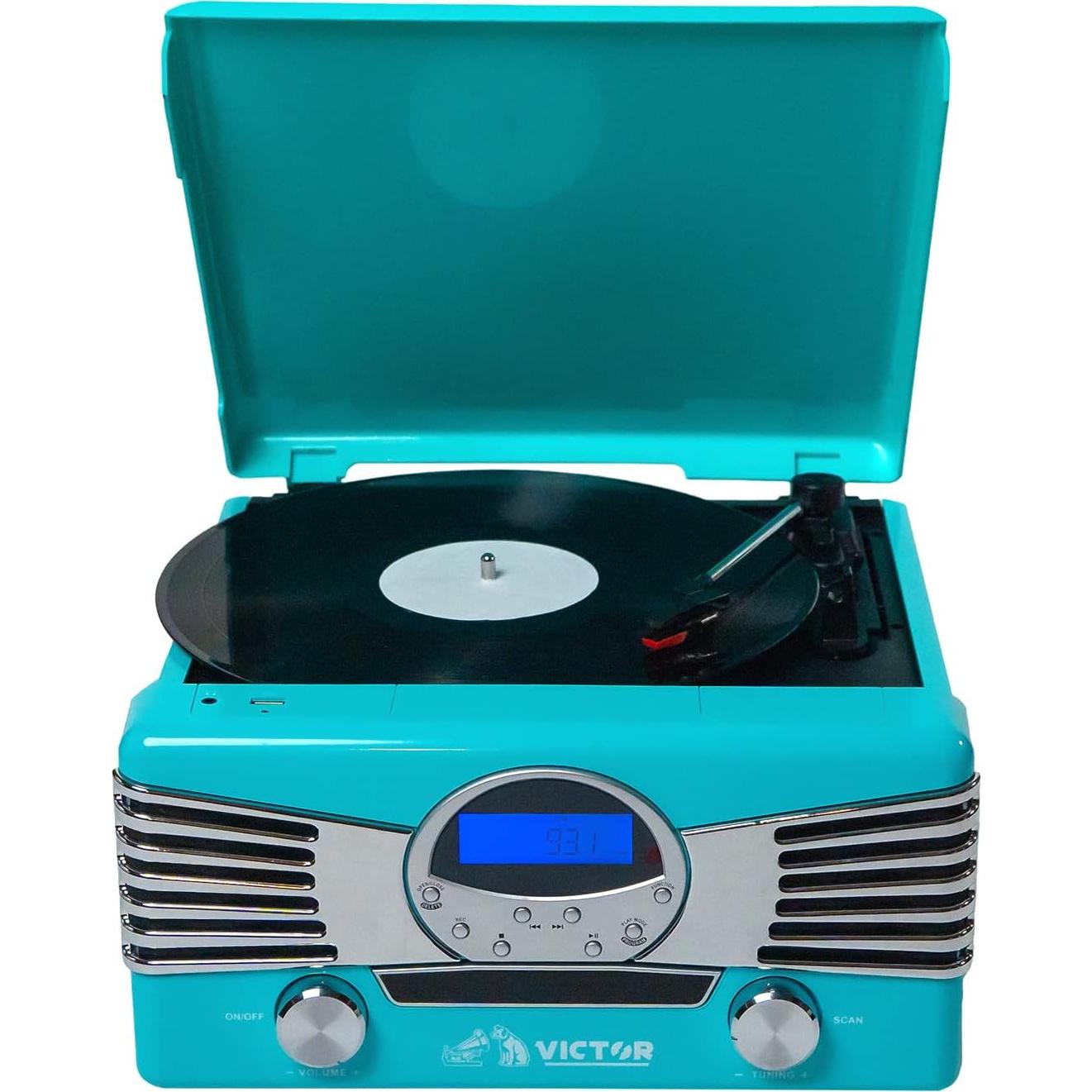 Centro Musical 7-en-1 Victor VHRP-1400 Turquesa - Tocadiscos, CD, Bluetooth