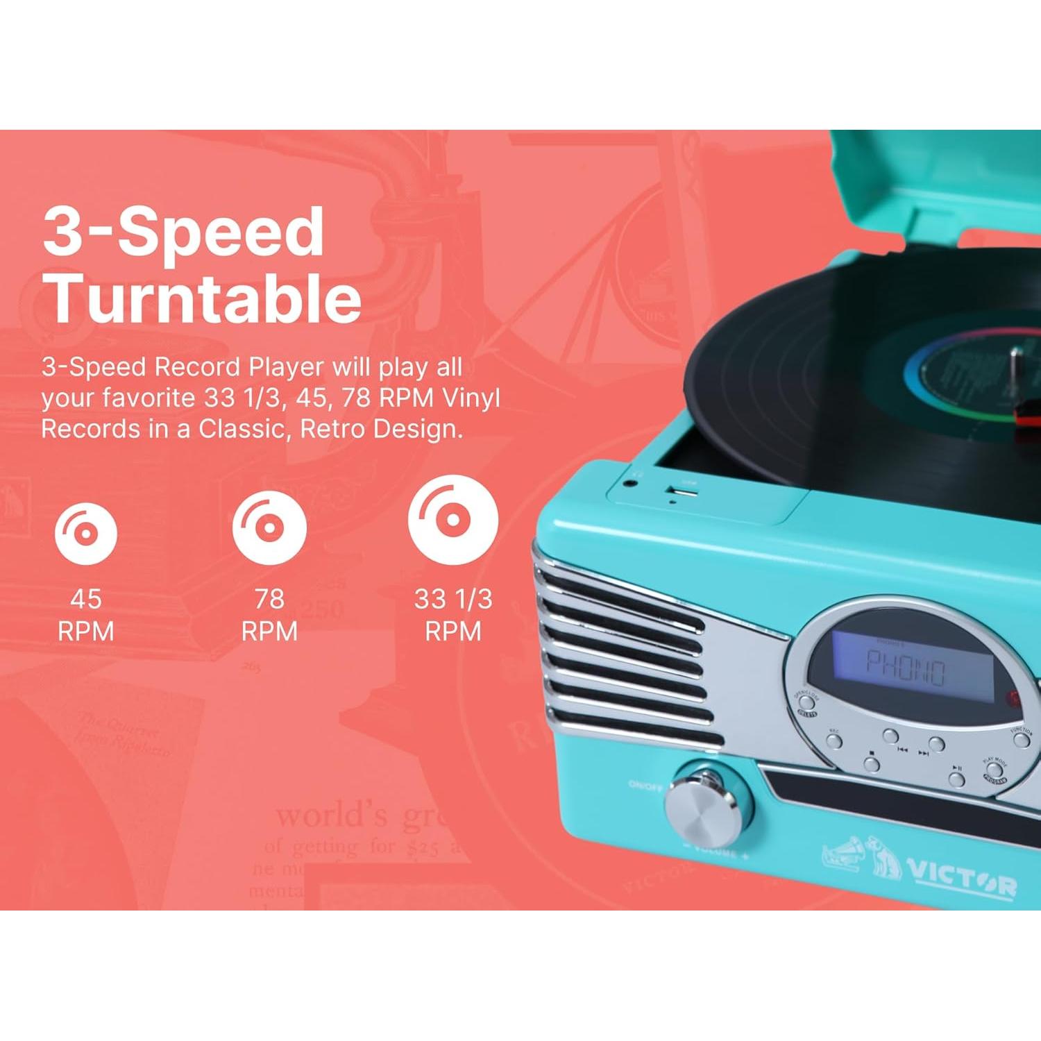 Centro Musical 7-en-1 Victor VHRP-1400 Turquesa - Tocadiscos, CD, Bluetooth