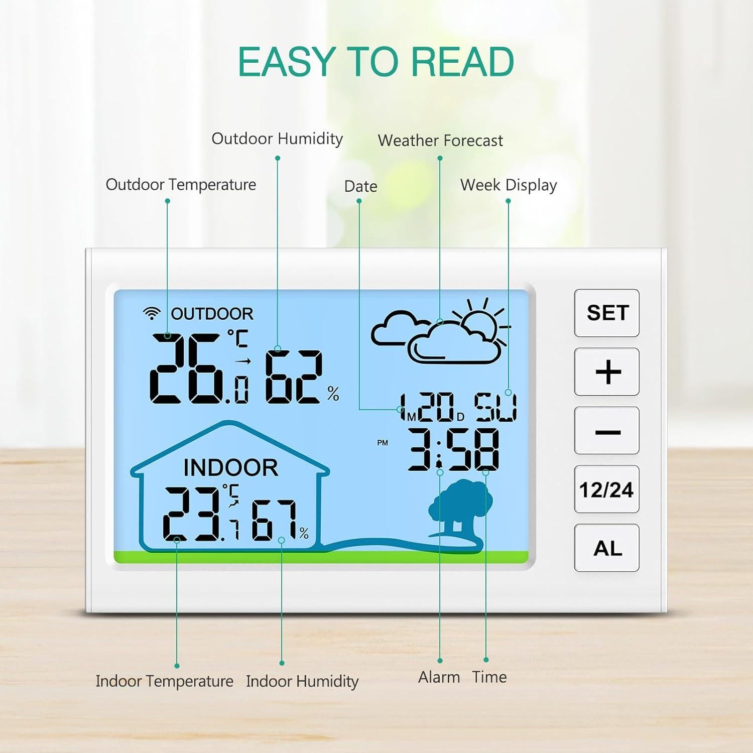 Estación Meteorológica Inalámbrica ORIA con Reloj y Termómetro