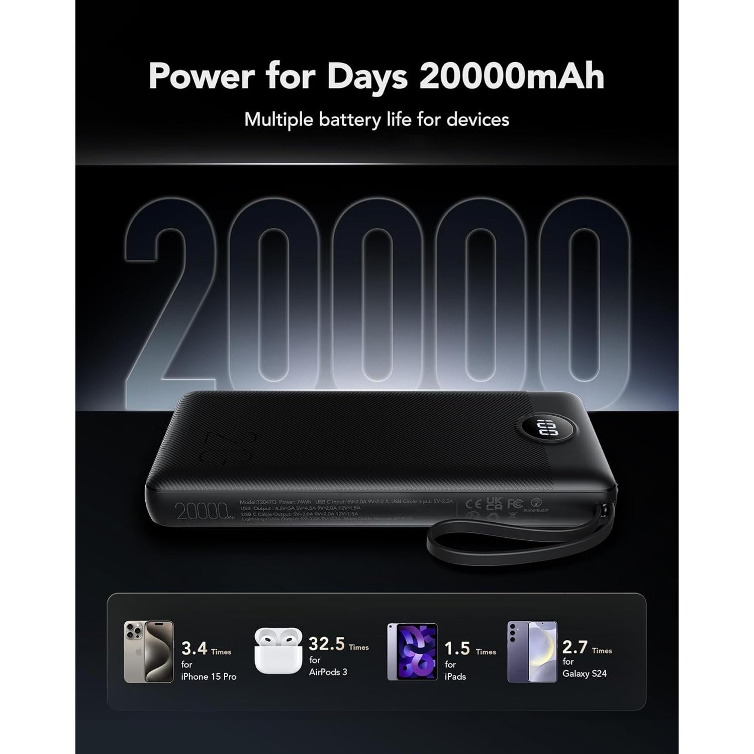 Cargador Portátil VRURC 20000mAh Carga Rápida 4 Salidas Negro