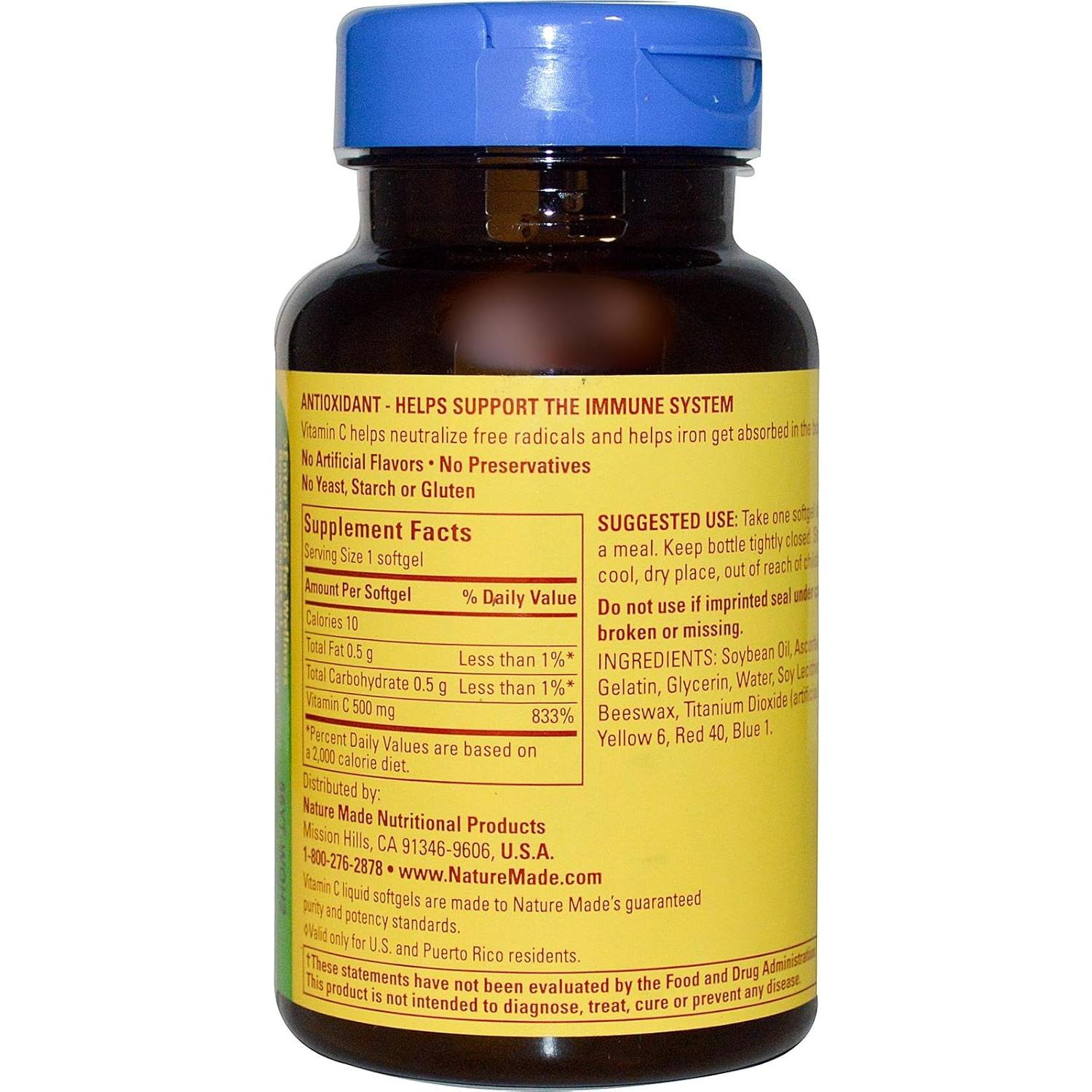 Vitamina C 500 mg Nature Made 60 Softgels Antioxidante