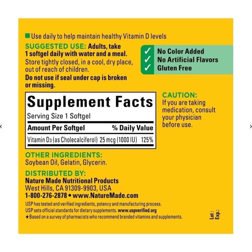 Vitamina D3 Nature Made 1000 UI 300 Gelatinas Blandas