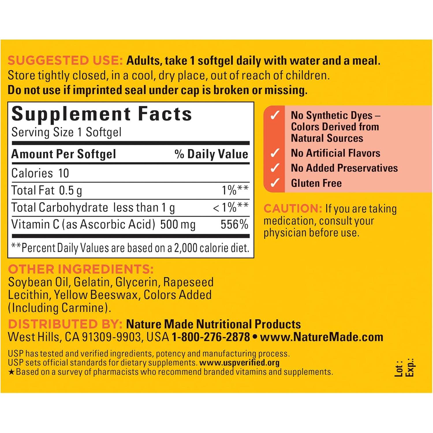 Nature Made Vitamina C 500 mg - Suplemento Inmunológico 60 Gelatinas