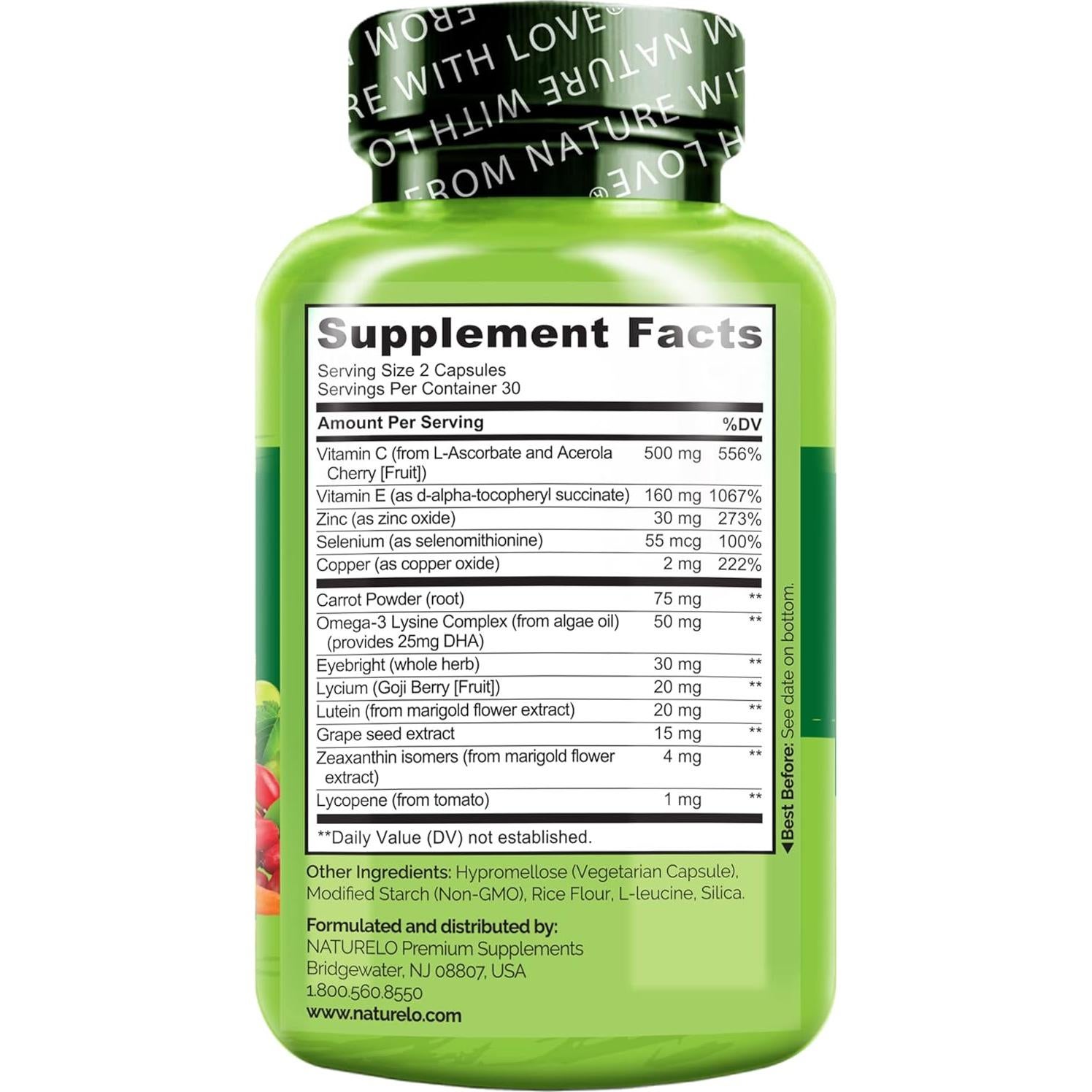 NATURELO Vitaminas para Ojos - Fórmula AREDS 2 - 60 Cápsulas Veganas