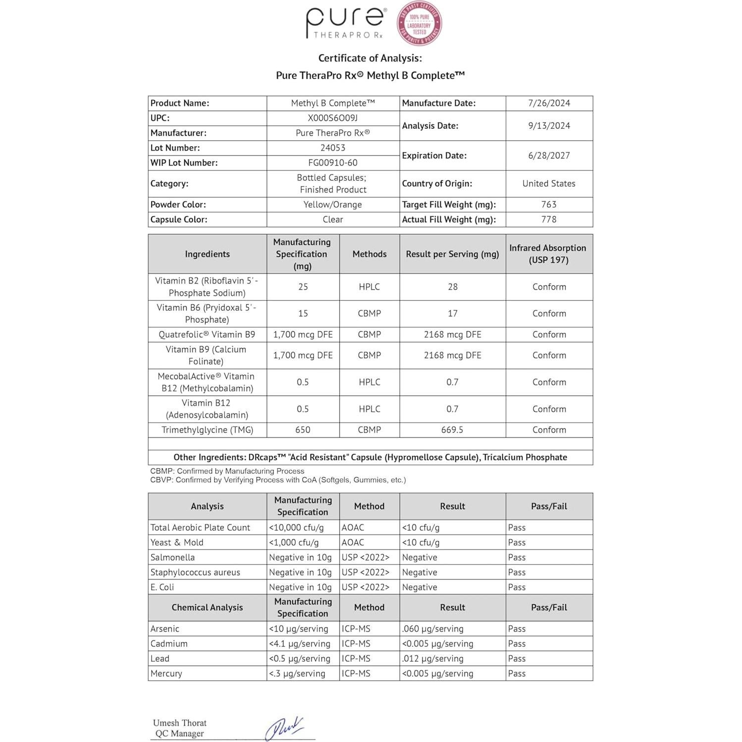 Methyl B Complete Pure Thera - 60 Cápsulas Vegetales Suplemento