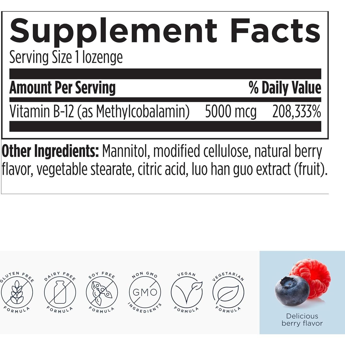 Pastillas de Vitamina B12 5000 mcg Metilcobalamina Veganas - 60 Unidades