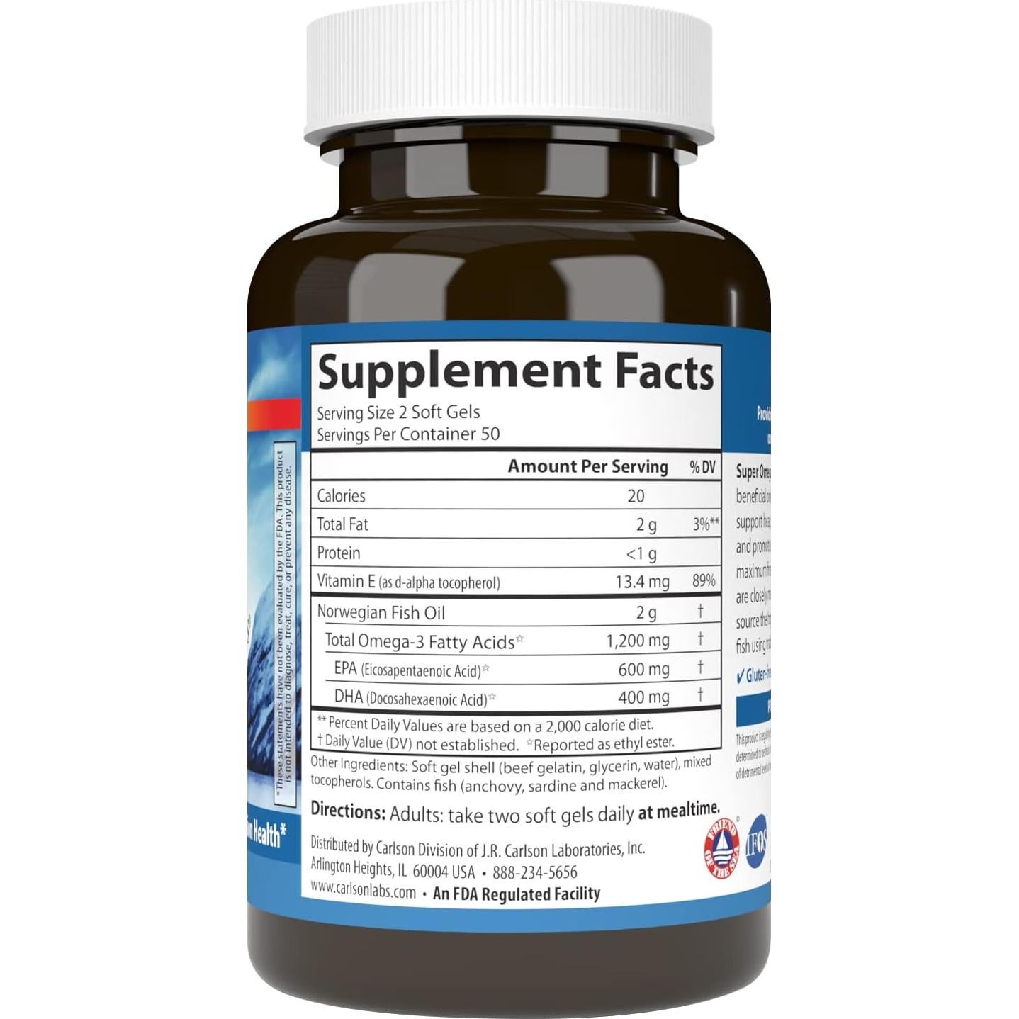 Suplemento Omega-3 Carlson 1200 mg EPA DHA 100 Cápsulas