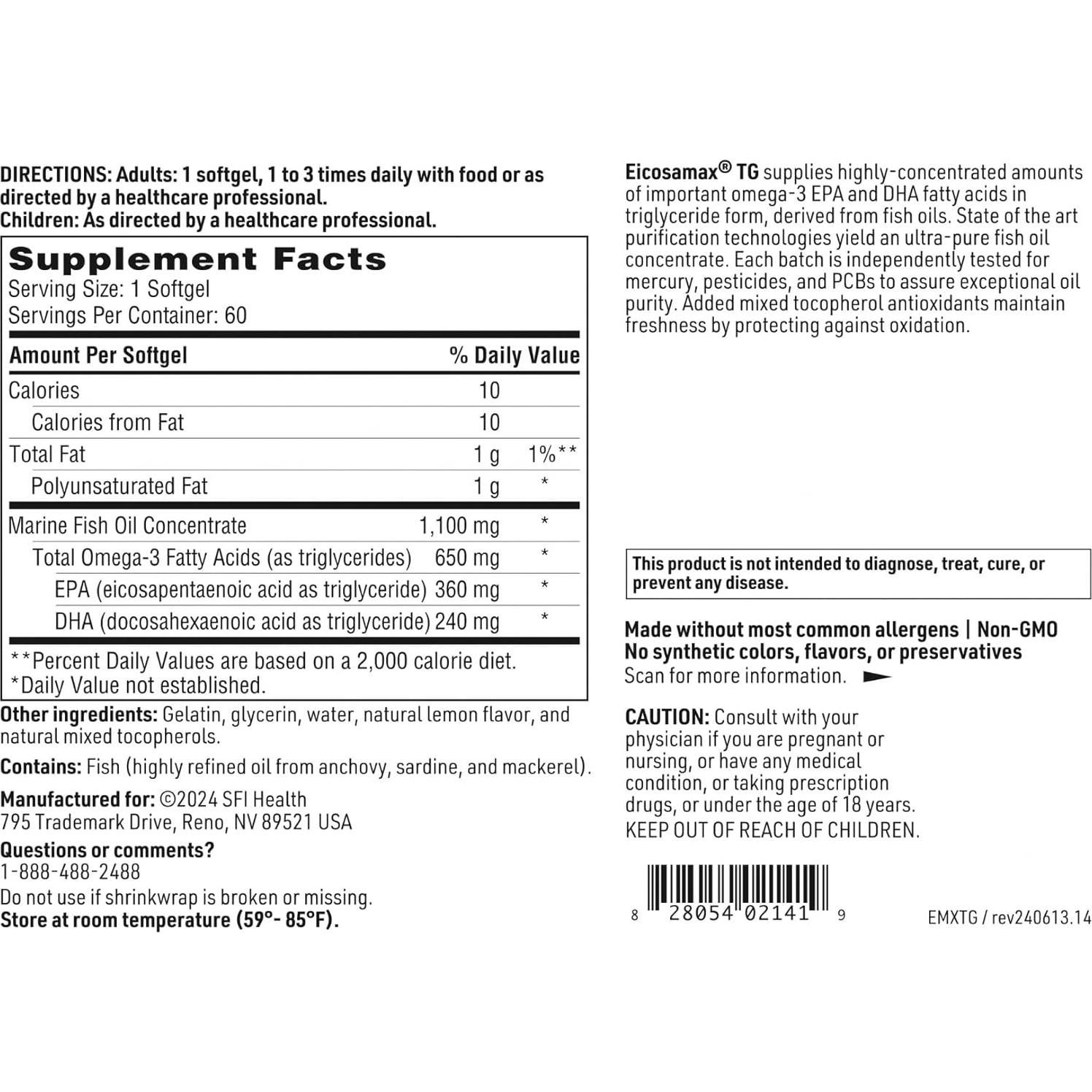 Klaire Labs Eicosamax Aceite de Pescado Omega-3 60 Cápsulas