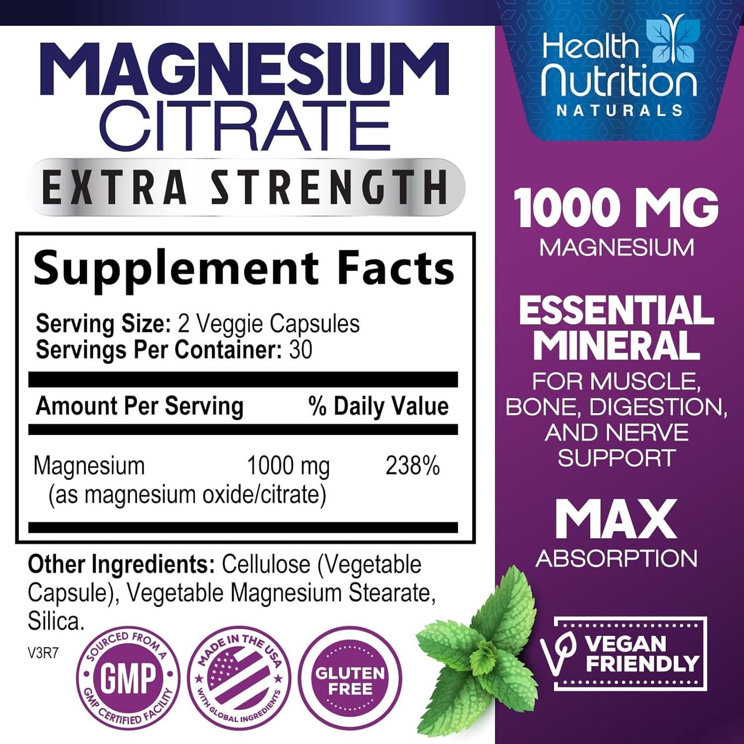 Cápsulas de Citrato de Magnesio 1000mg Health Nutrition - 60 Unidades