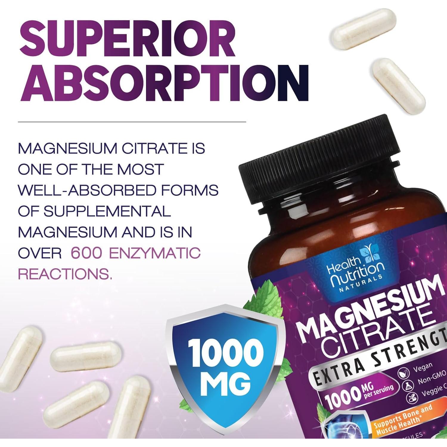 Cápsulas de Citrato de Magnesio 1000mg Health Nutrition - 60 Unidades