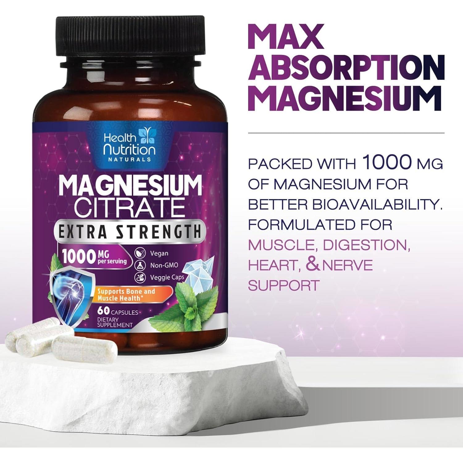 Cápsulas de Citrato de Magnesio 1000mg Health Nutrition - 60 Unidades
