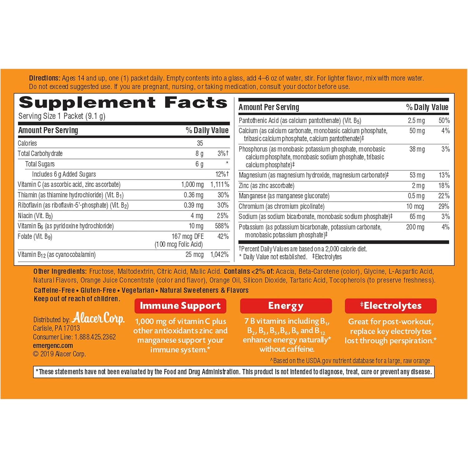 Emergen-C 1000mg Polvo de Vitamina C Sabor Naranja 60 Sobres