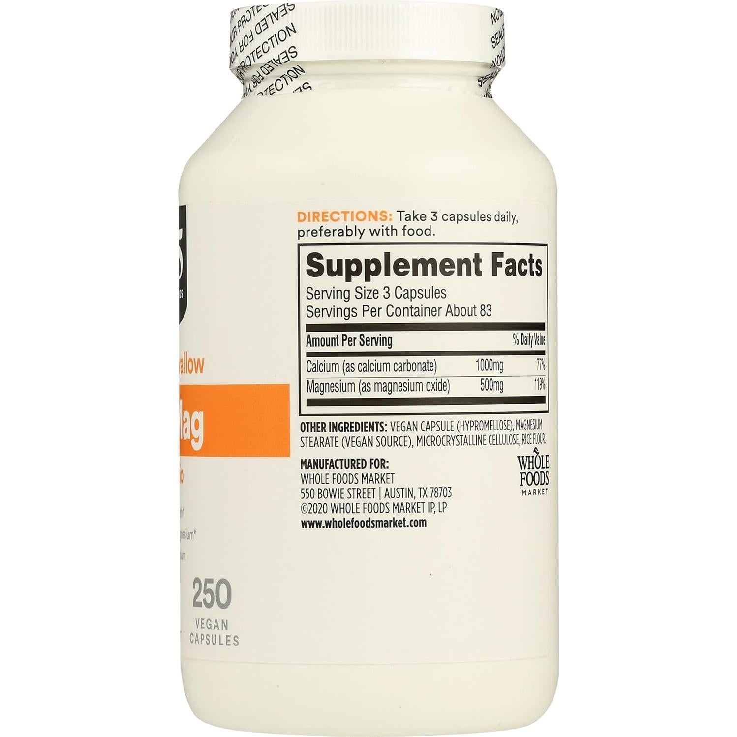 Cápsulas Veganas Cal-Mag 365 Whole Foods 250 Unidades