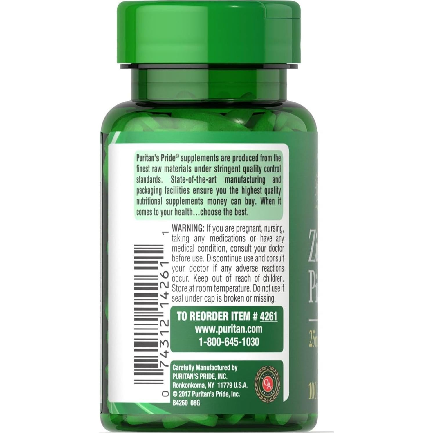 Suplemento de Zinc Picolinato Puritan's Pride 25mg 100 Tabletas