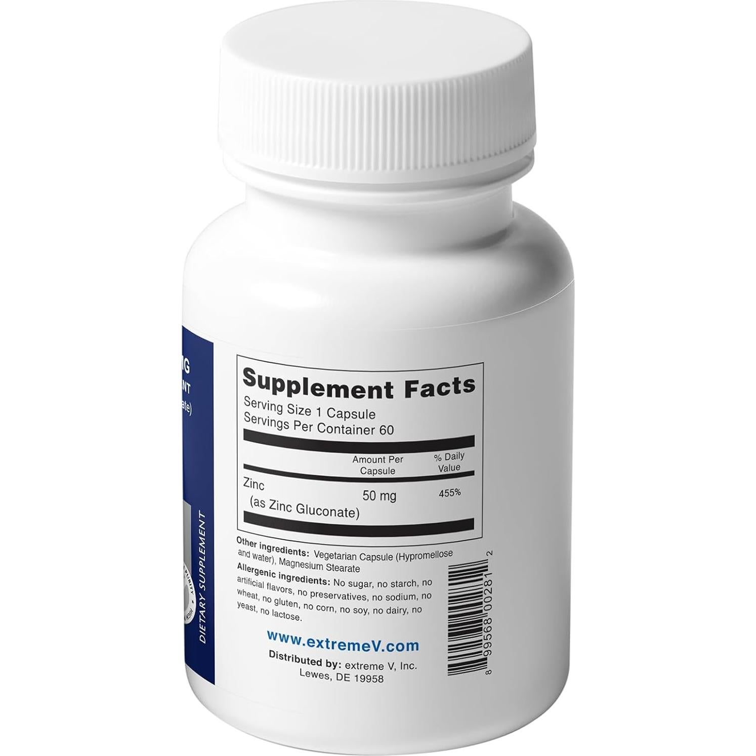 Suplemento de Zinc Gluconato 50mg extreme V - 60 Cápsulas Veganas