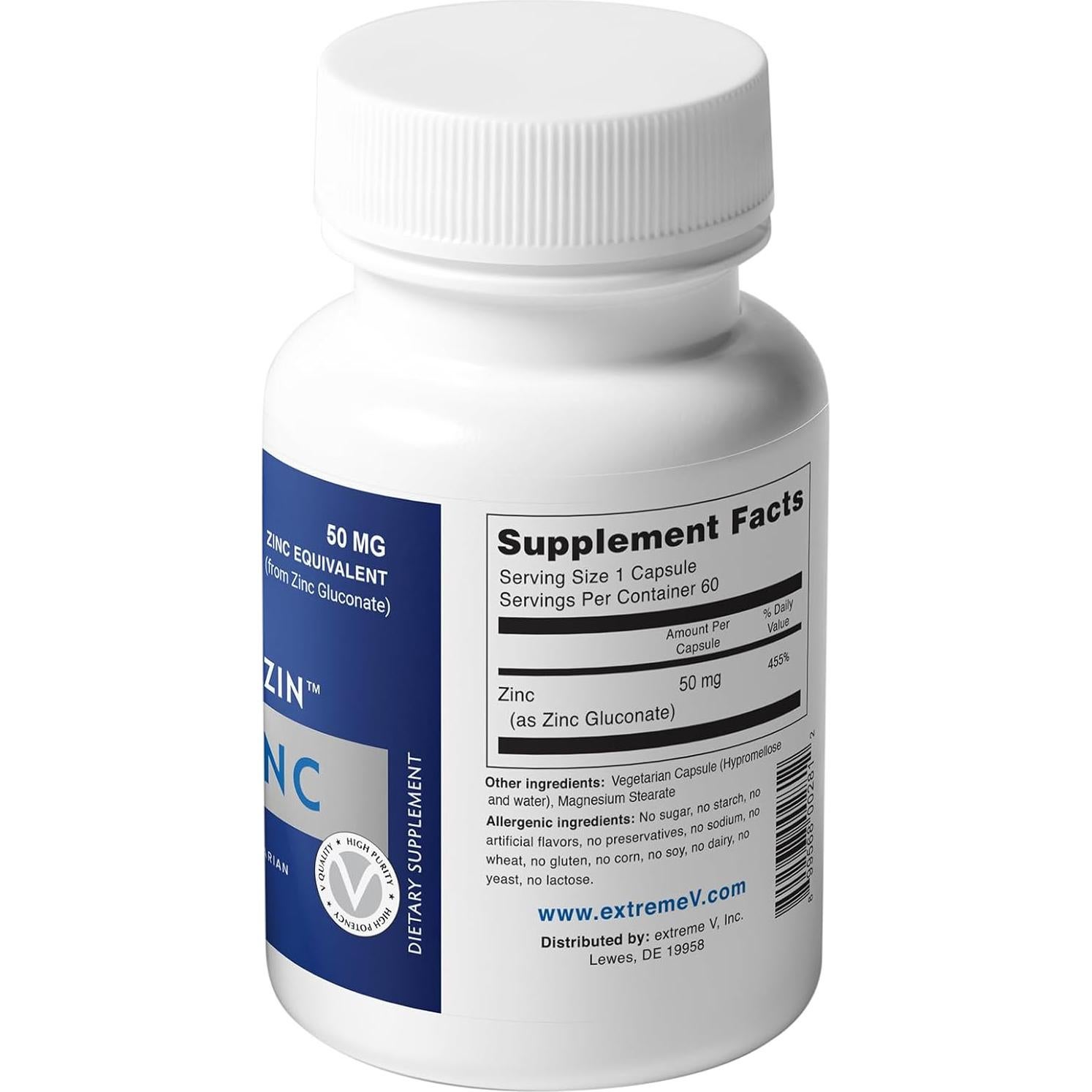 Suplemento de Zinc Gluconato 50mg extreme V - 60 Cápsulas Veganas