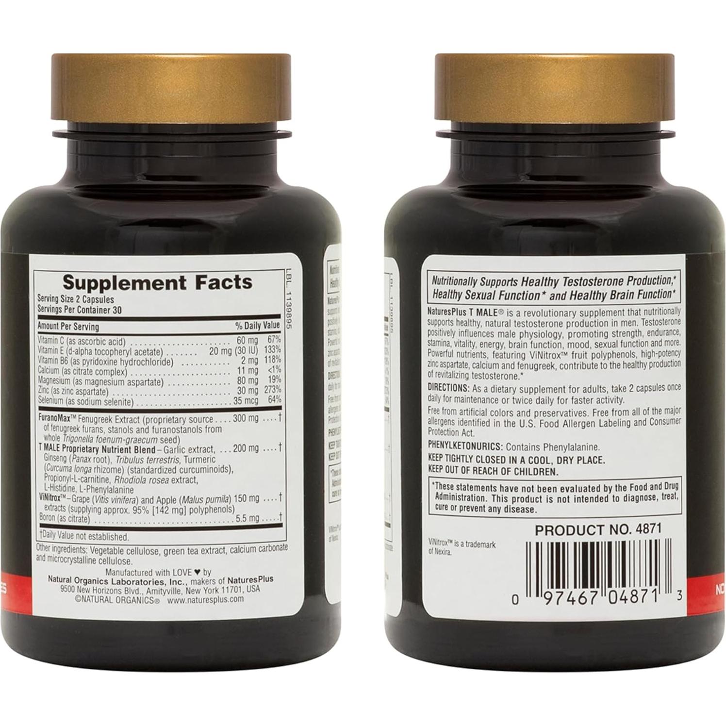 Suplemento Natural T-Male Nature's Plus - 120 Cápsulas Vegetarianas