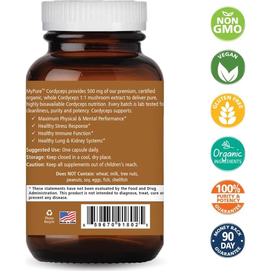 Suplemento de Hongo Cordyceps Orgánico Pure Essence Labs 60 Cápsulas